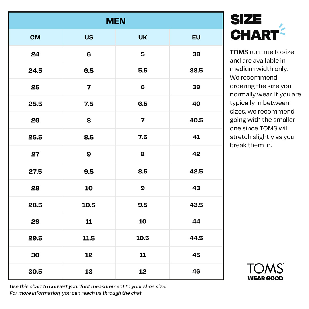 Toms size 2025 chart inches